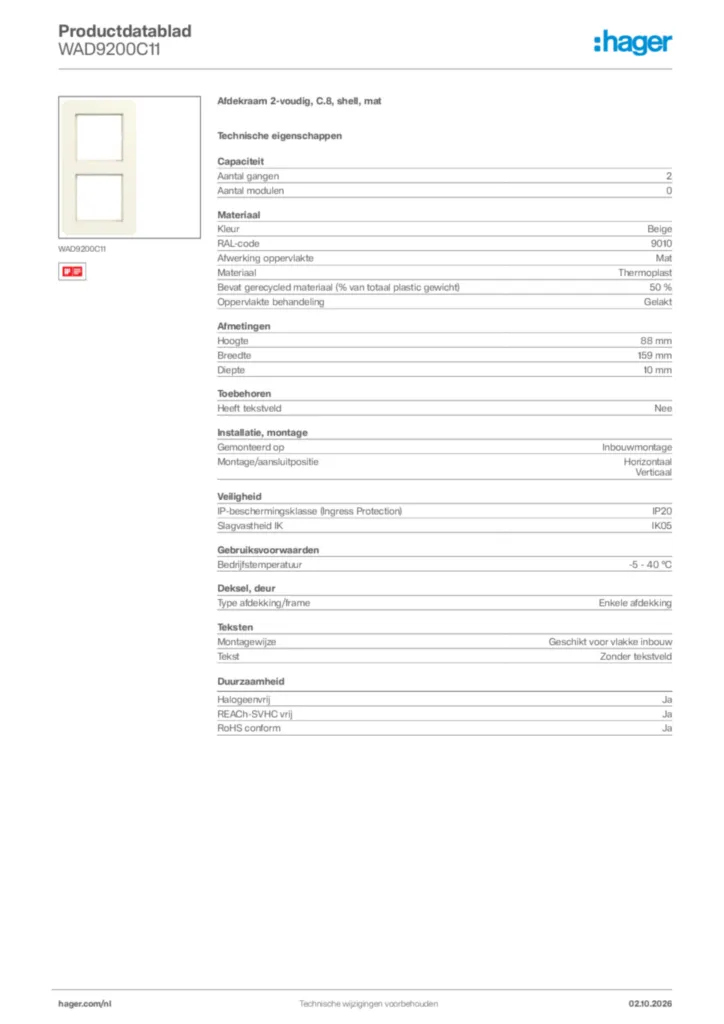 Afbeelding Hager Productdatablad WAD9200C11 | Hager Nederland