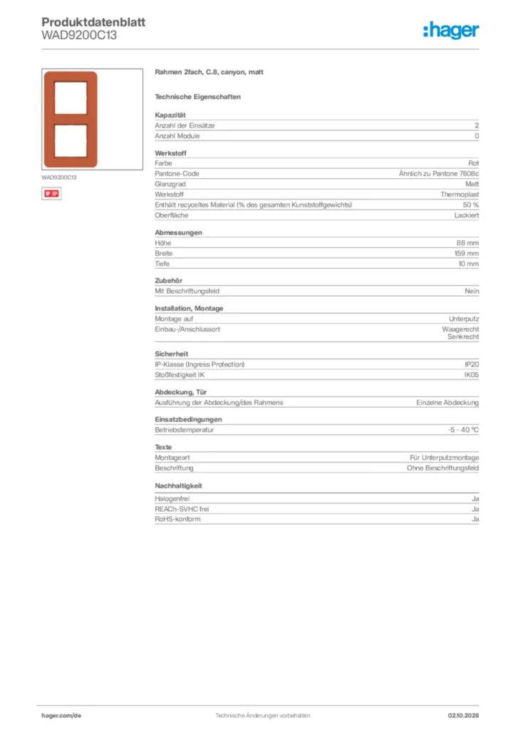 Bild Hager Produktdatenblatt WAD9200C13 | Hager Deutschland