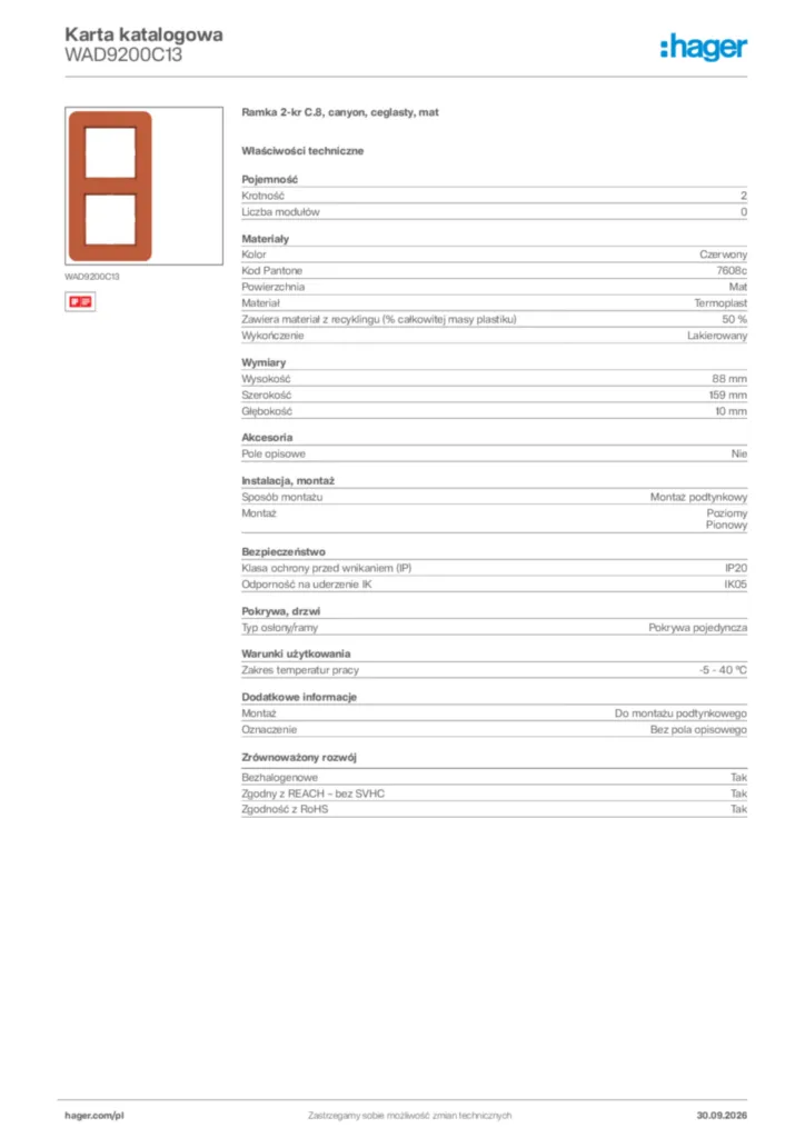 Zdjęcie Hager Karta katalogowa WAD9200C13 | Hager Polska