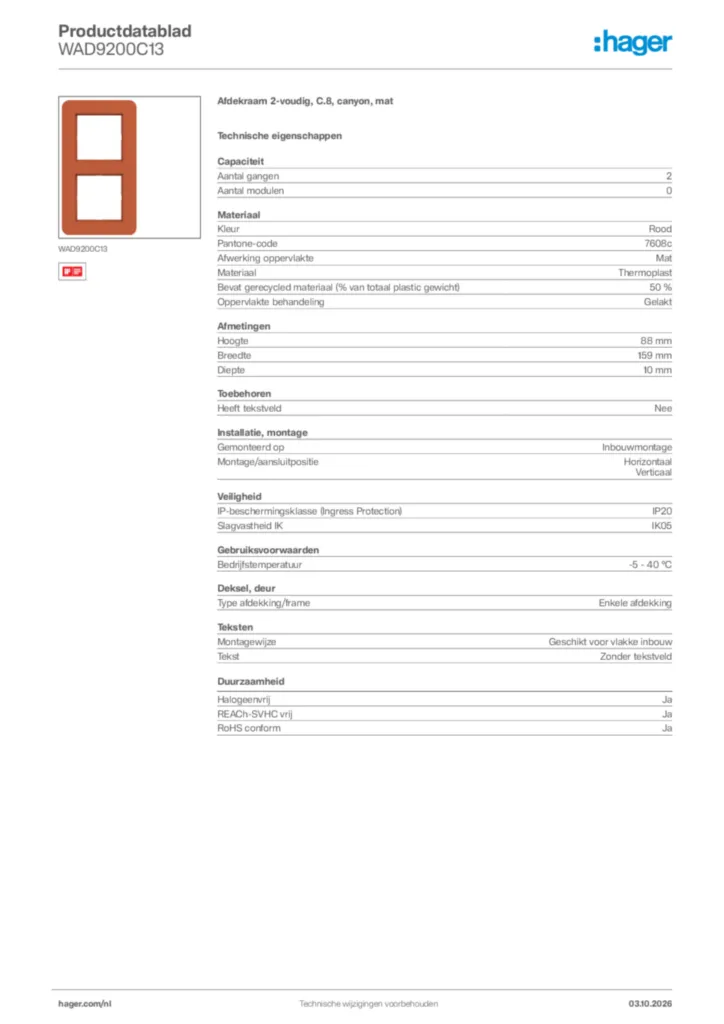Afbeelding Hager Productdatablad WAD9200C13 | Hager Nederland