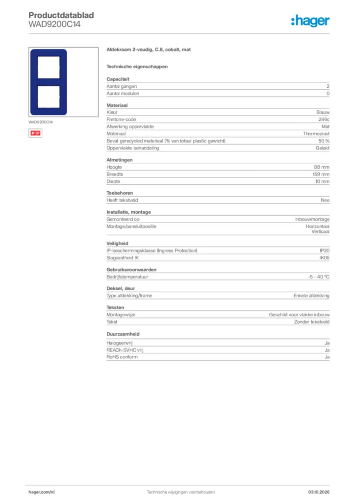 Afbeelding Hager Productdatablad WAD9200C14 | Hager Nederland