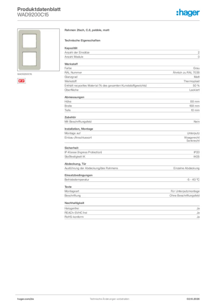 Bild Hager Produktdatenblatt WAD9200C15 | Hager Deutschland