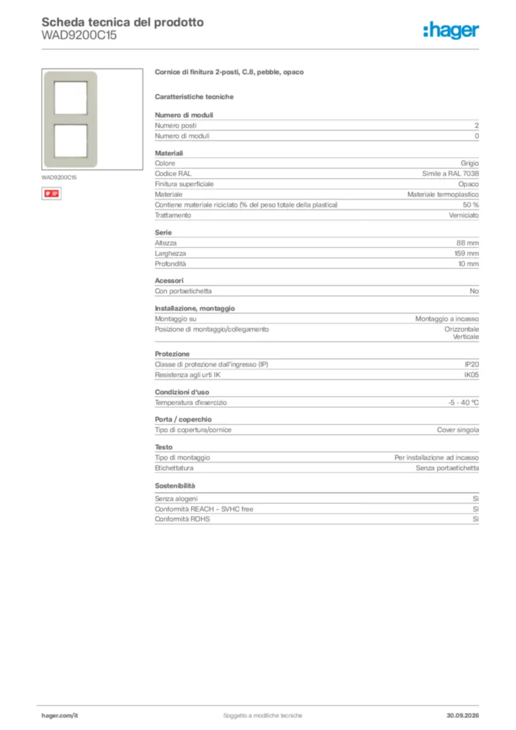 Immagine Hager Scheda tecnica del prodotto WAD9200C15 | Hager Italia