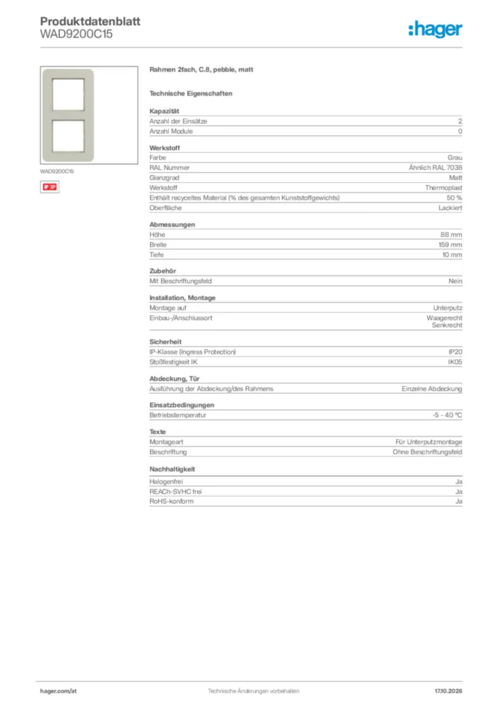 Bild Hager Produktdatenblatt WAD9200C15 | Hager Deutschland