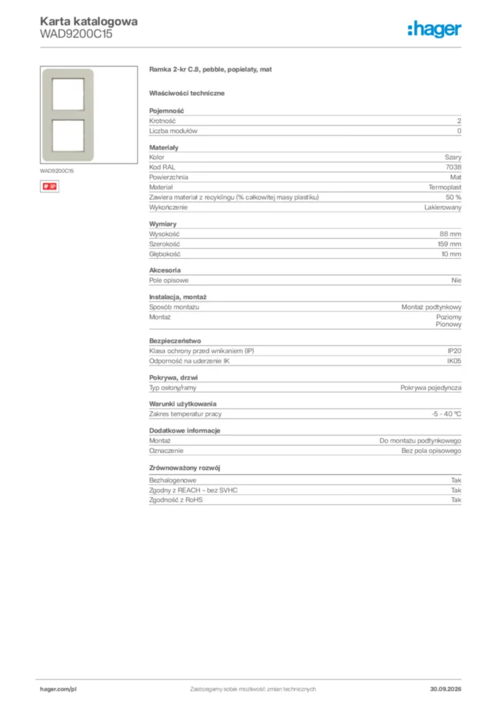 Zdjęcie Hager Karta katalogowa WAD9200C15 | Hager Polska