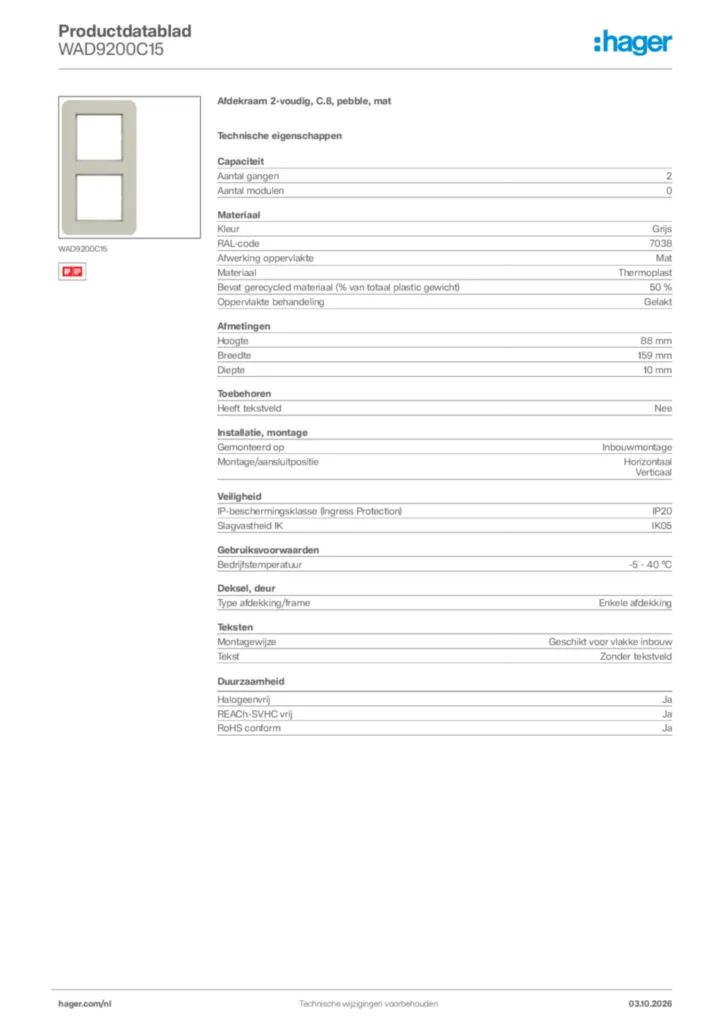 Afbeelding Hager Productdatablad WAD9200C15 | Hager Nederland