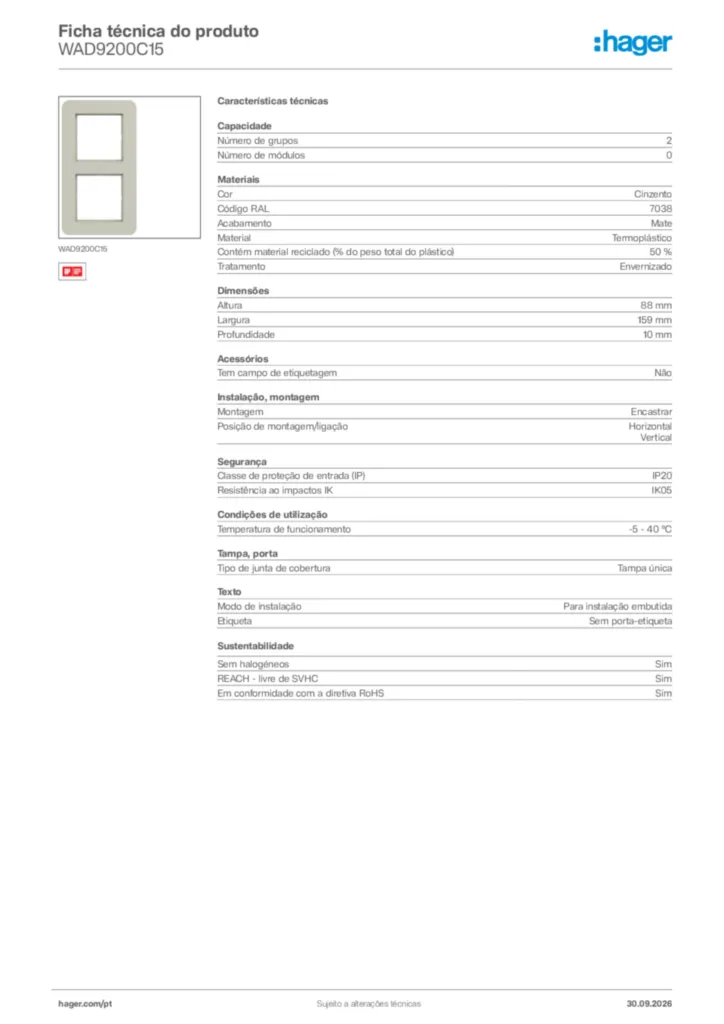Imagem Hager Ficha técnica do produto WAD9200C15 | Hager Portugal