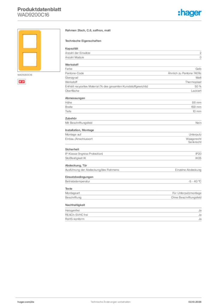 Bild Hager Produktdatenblatt WAD9200C16 | Hager Deutschland