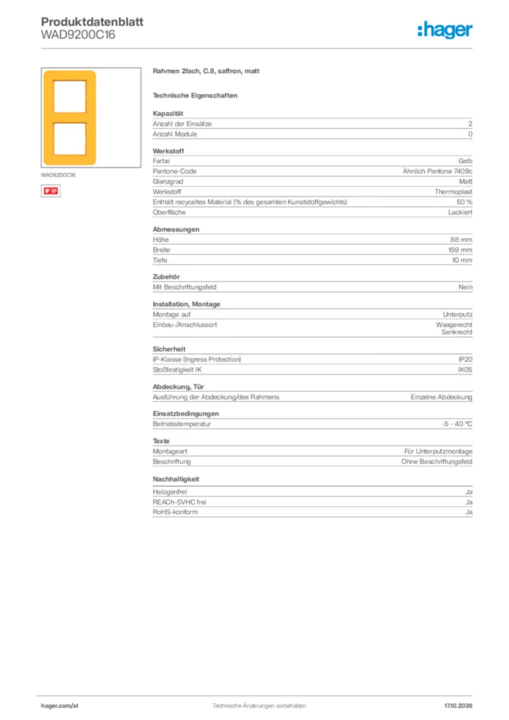 Bild Hager Produktdatenblatt WAD9200C16 | Hager Deutschland