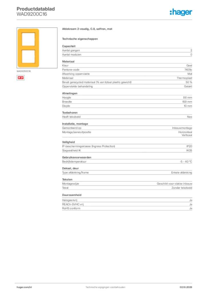 Afbeelding Hager Productdatablad WAD9200C16 | Hager Nederland