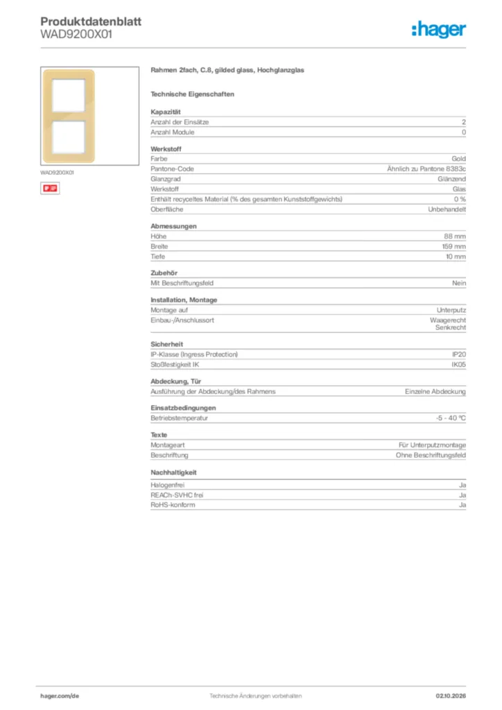 Bild Hager Produktdatenblatt WAD9200X01 | Hager Deutschland