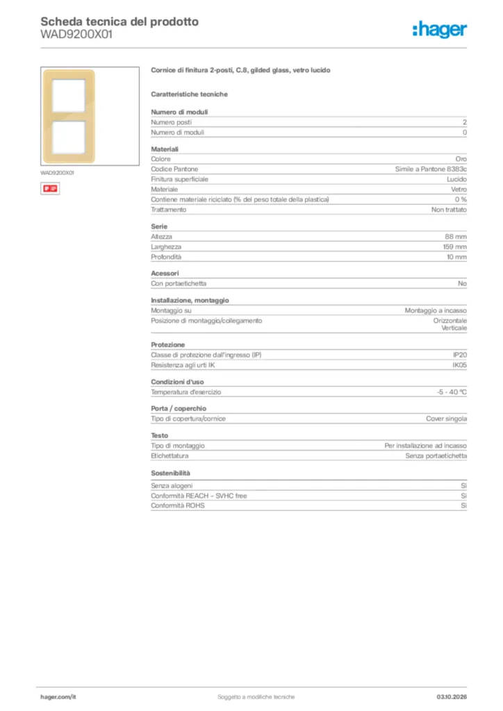 Immagine Hager Scheda tecnica del prodotto WAD9200X01 | Hager Italia