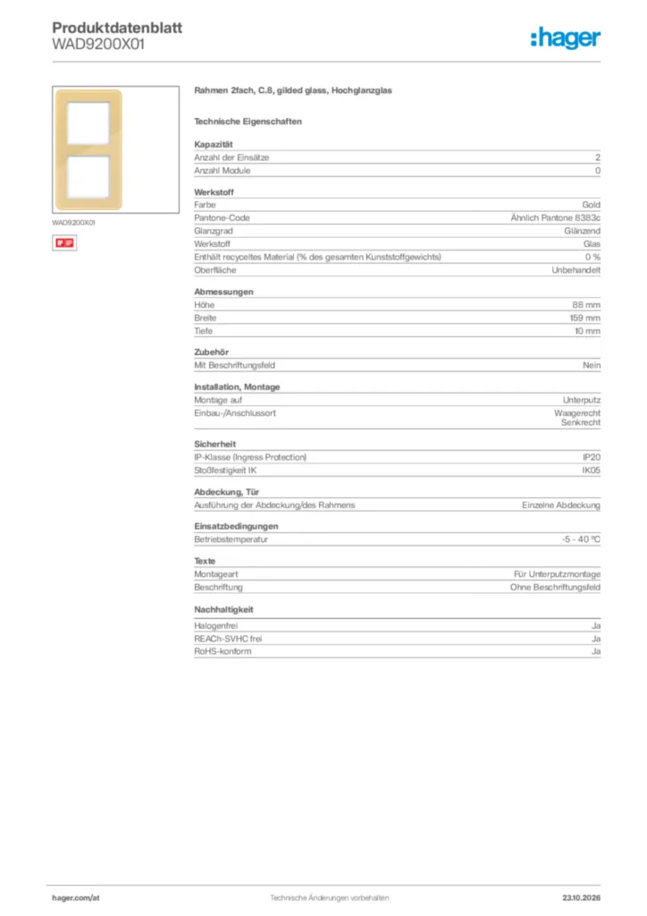 Bild Hager Produktdatenblatt WAD9200X01 | Hager Deutschland
