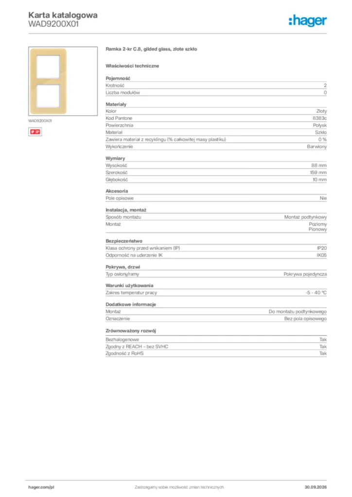 Zdjęcie Hager Karta katalogowa WAD9200X01 | Hager Polska