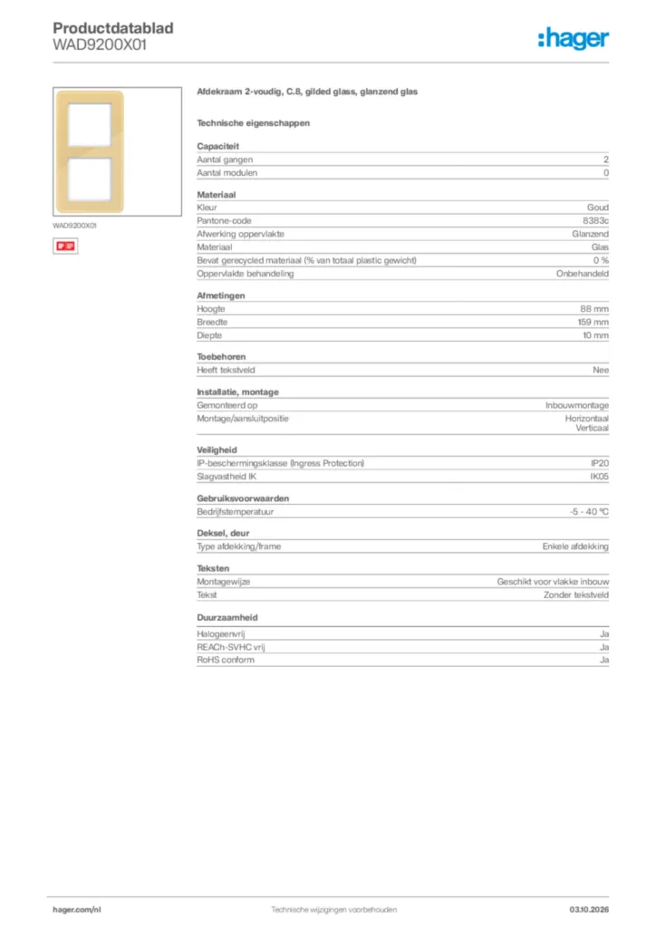Afbeelding Hager Productdatablad WAD9200X01 | Hager Nederland