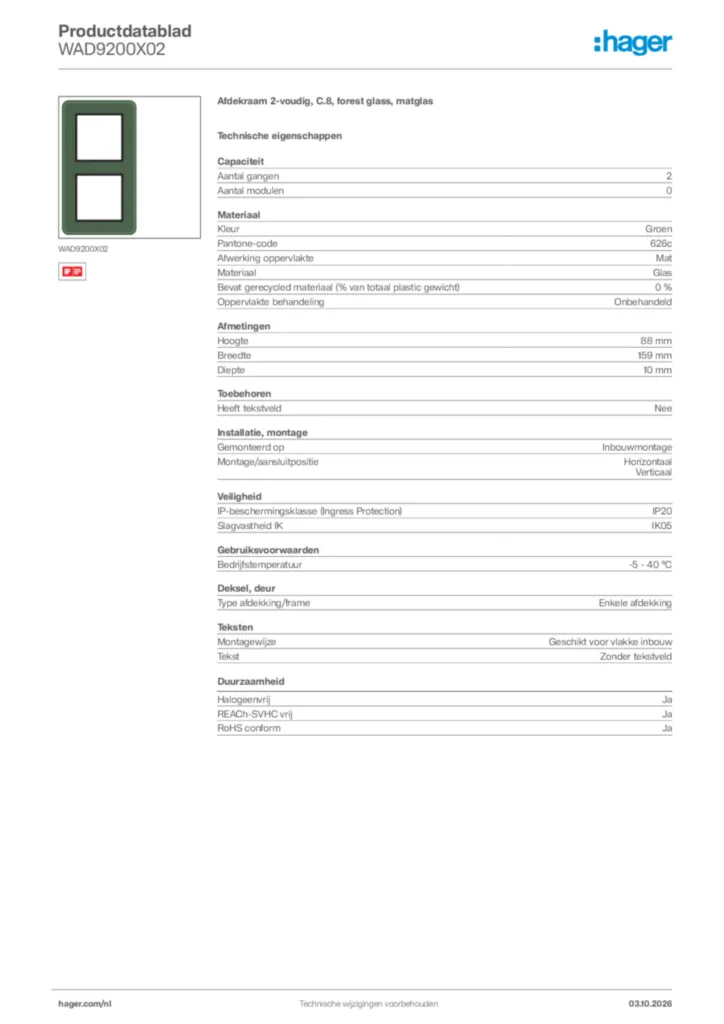 Afbeelding Hager Productdatablad WAD9200X02 | Hager Nederland