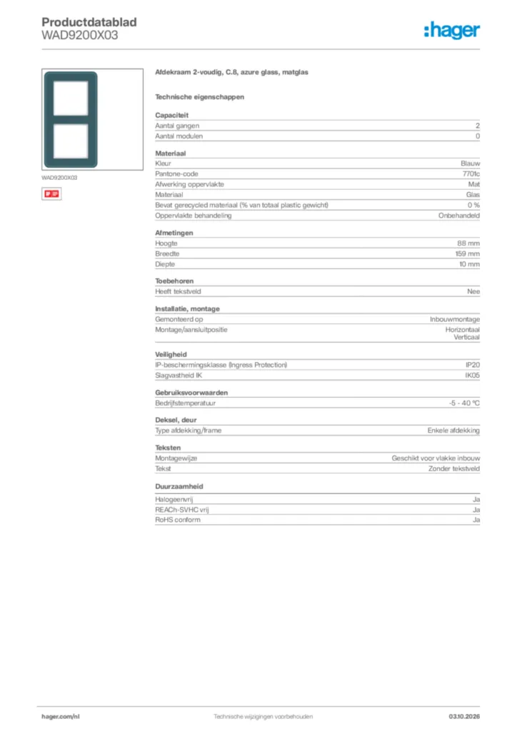 Afbeelding Hager Productdatablad WAD9200X03 | Hager Nederland