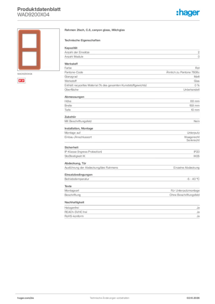 Bild Hager Produktdatenblatt WAD9200X04 | Hager Deutschland