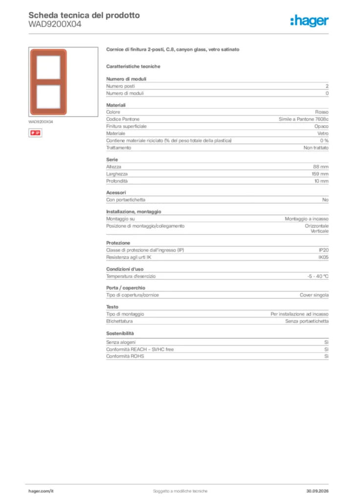 Immagine Hager Scheda tecnica del prodotto WAD9200X04 | Hager Italia