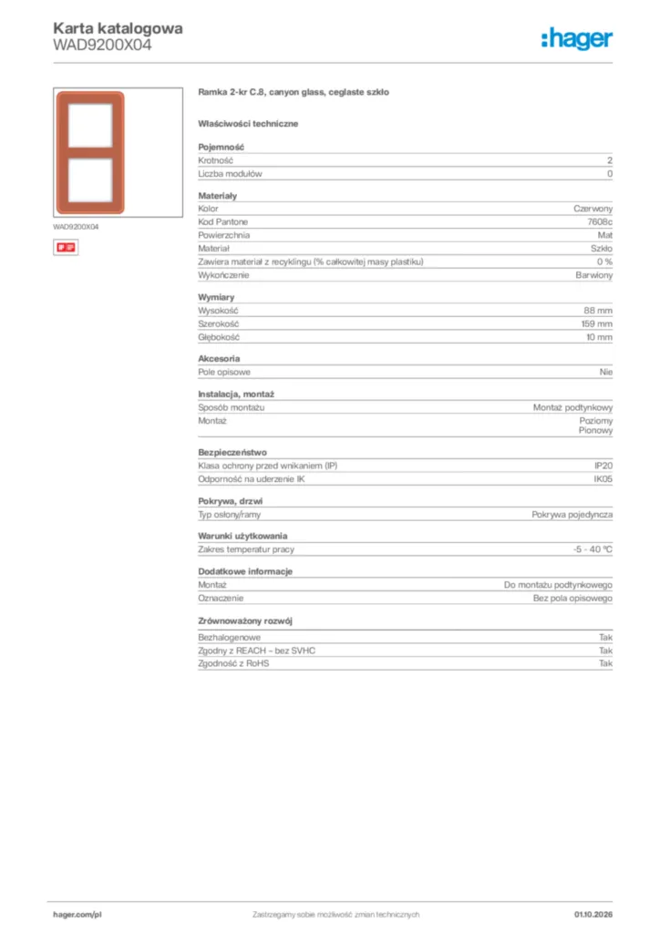 Zdjęcie Hager Karta katalogowa WAD9200X04 | Hager Polska
