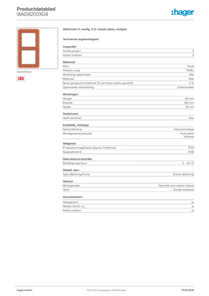 Afbeelding Hager Productdatablad WAD9200X04 | Hager Nederland