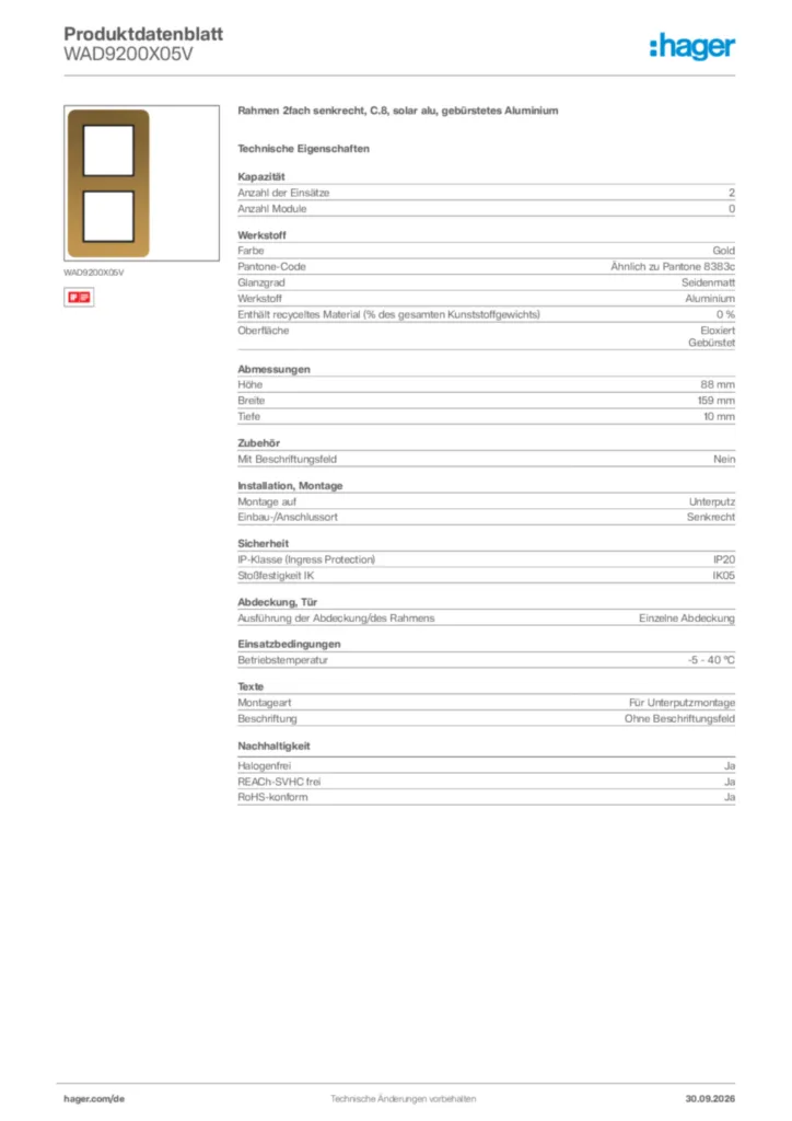Bild Hager Produktdatenblatt WAD9200X05V | Hager Deutschland