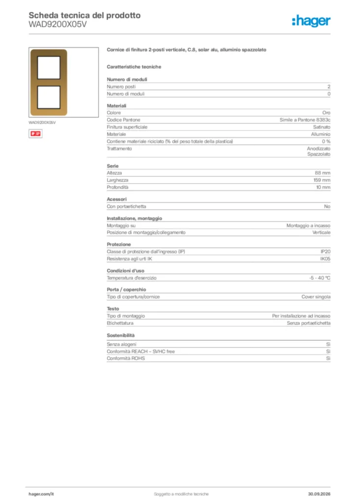 Immagine Hager Scheda tecnica del prodotto WAD9200X05V | Hager Italia