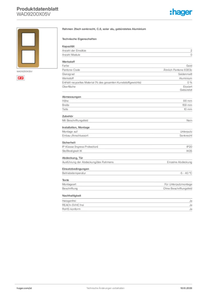 Bild Hager Produktdatenblatt WAD9200X05V | Hager Deutschland