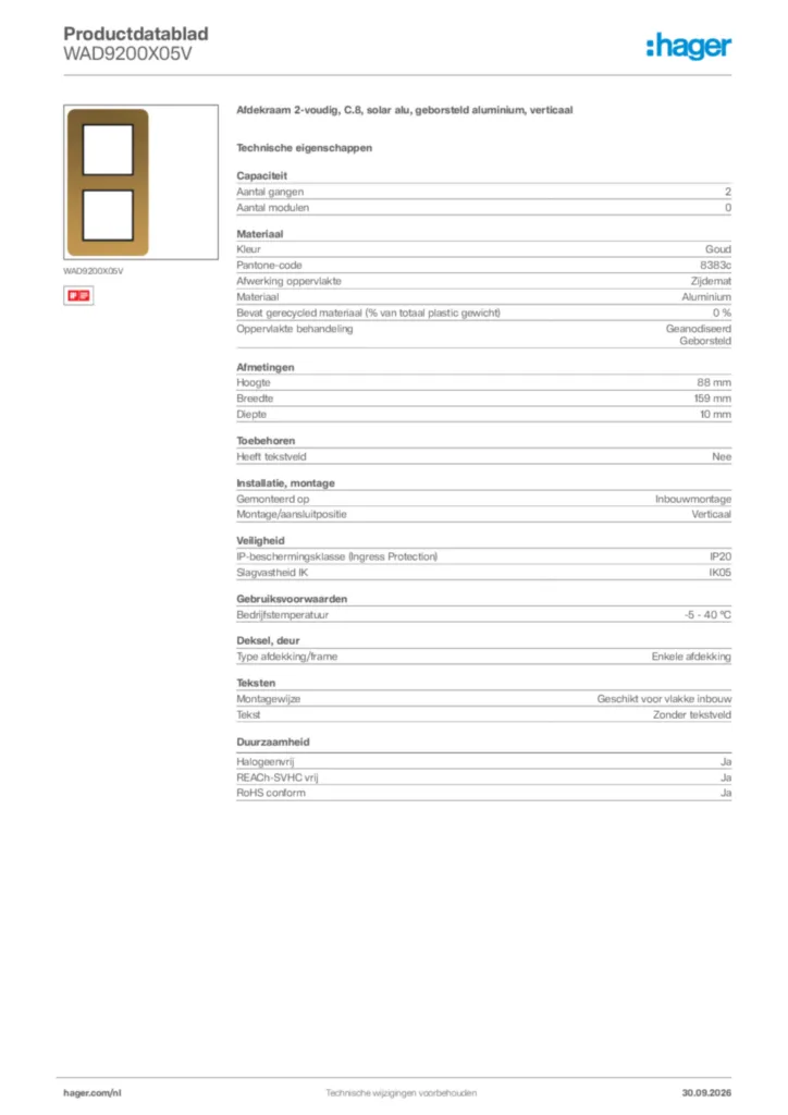 Afbeelding Hager Productdatablad WAD9200X05V | Hager Nederland