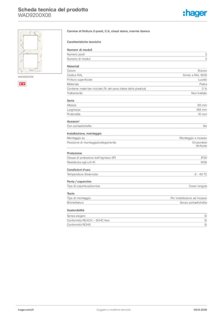 Immagine Hager Scheda tecnica del prodotto WAD9200X08 | Hager Italia