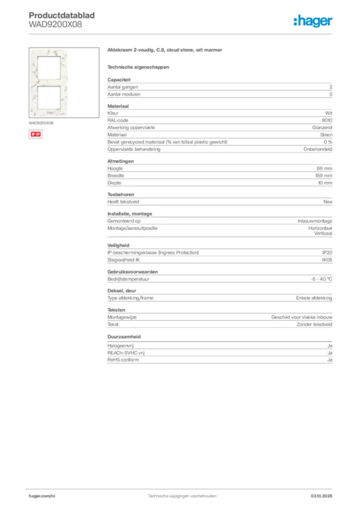 Afbeelding Hager Productdatablad WAD9200X08 | Hager Nederland