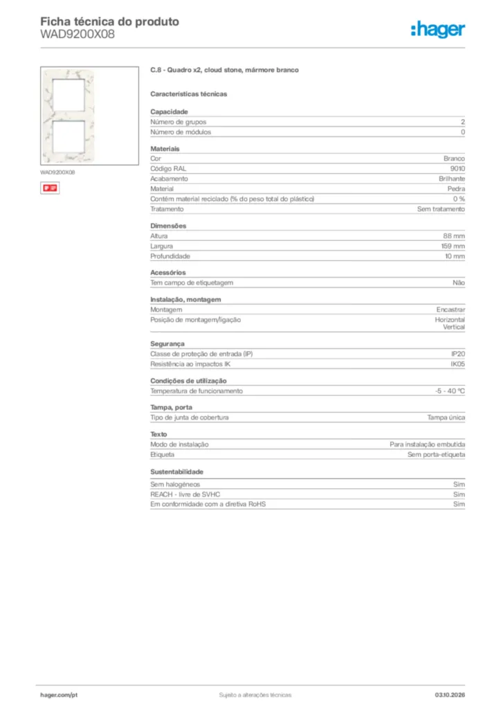 Imagem Hager Ficha técnica do produto WAD9200X08 | Hager Portugal