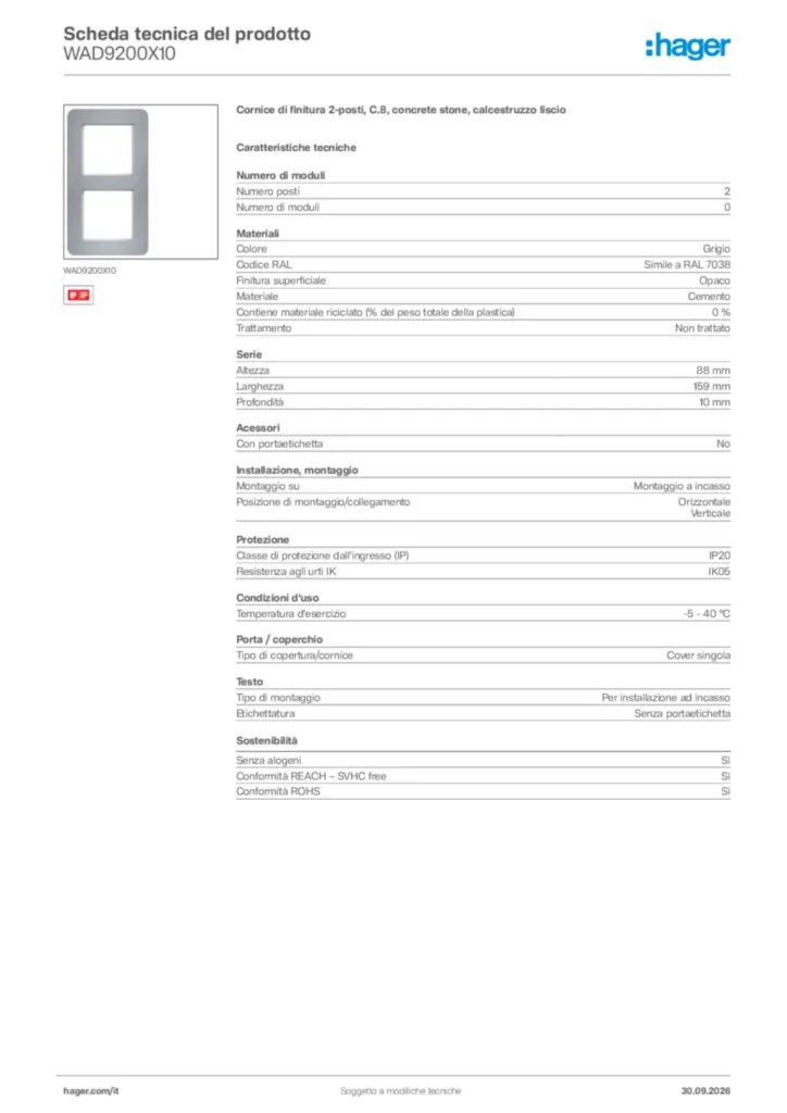 Immagine Hager Scheda tecnica del prodotto WAD9200X10 | Hager Italia