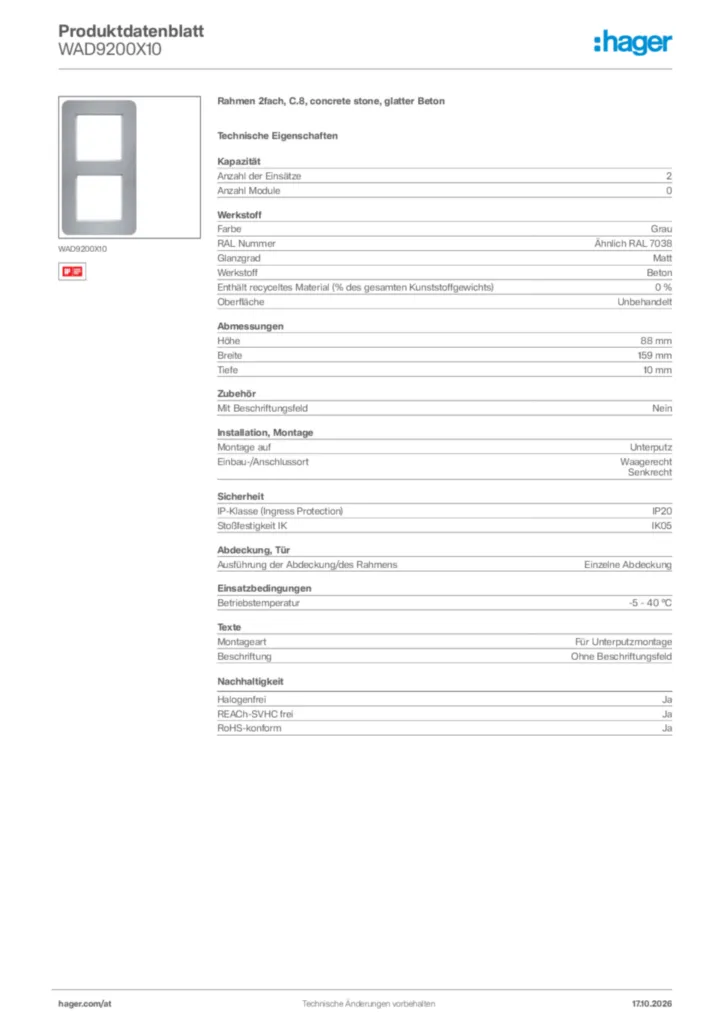 Bild Hager Produktdatenblatt WAD9200X10 | Hager Deutschland