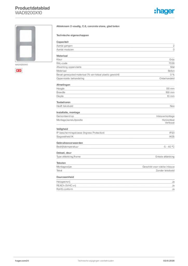 Afbeelding Hager Productdatablad WAD9200X10 | Hager Nederland