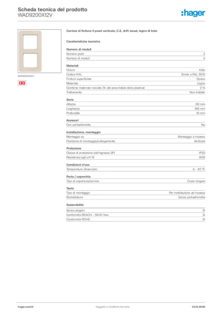Immagine Hager Scheda tecnica del prodotto WAD9200X12V | Hager Italia