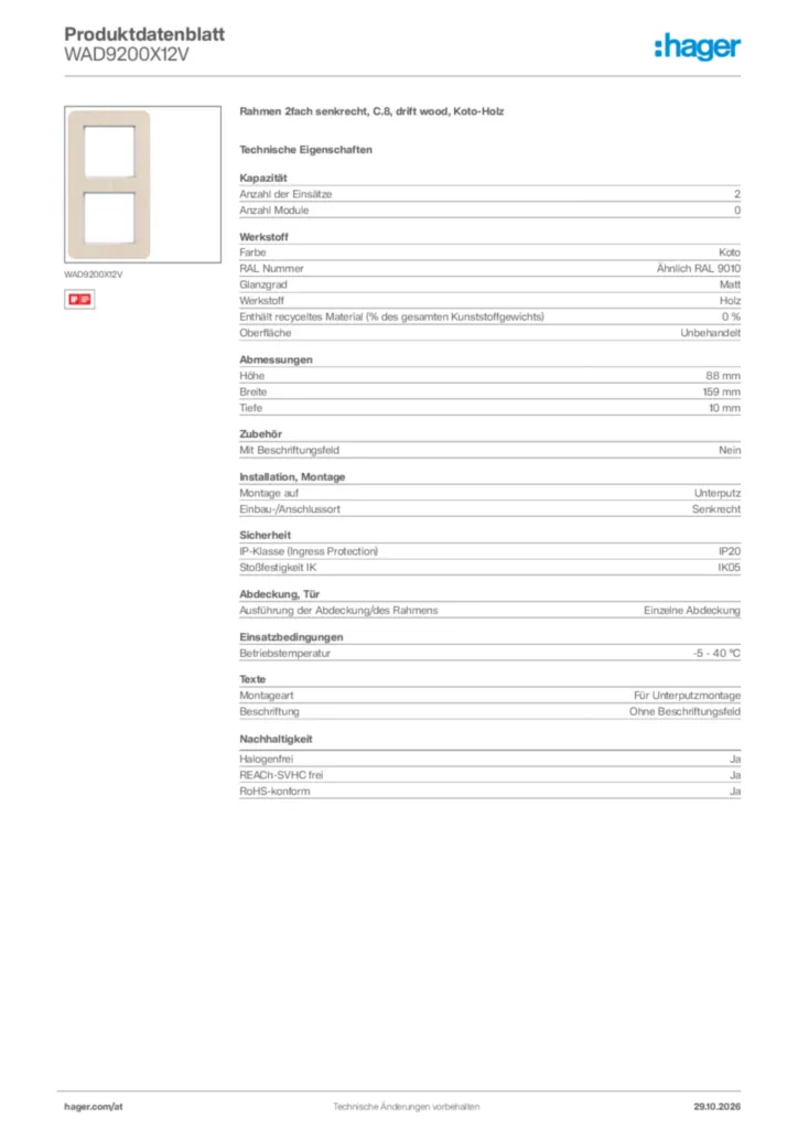 Bild Hager Produktdatenblatt WAD9200X12V | Hager Deutschland