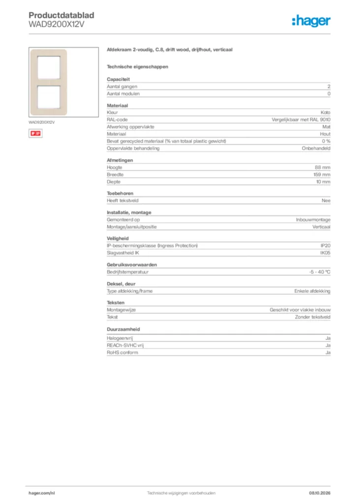 Afbeelding Hager Productdatablad WAD9200X12V | Hager Nederland