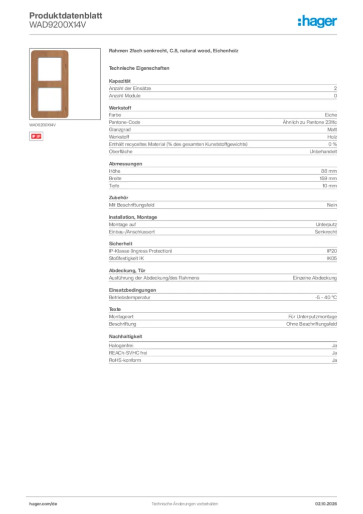 Bild Hager Produktdatenblatt WAD9200X14V | Hager Deutschland