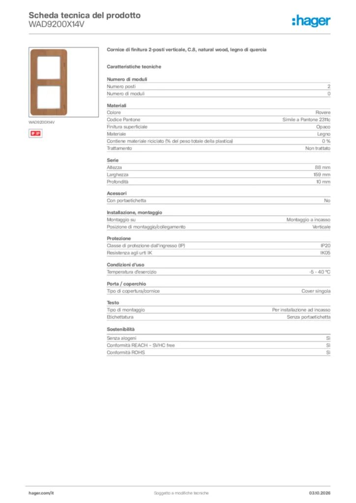 Immagine Hager Scheda tecnica del prodotto WAD9200X14V | Hager Italia