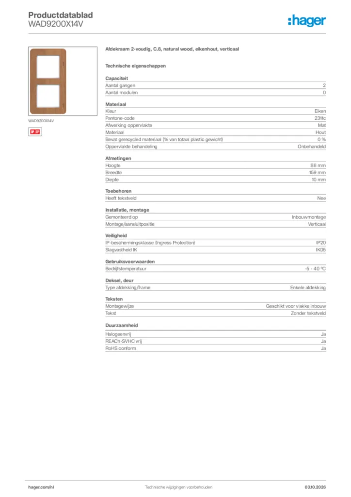 Afbeelding Hager Productdatablad WAD9200X14V | Hager Nederland