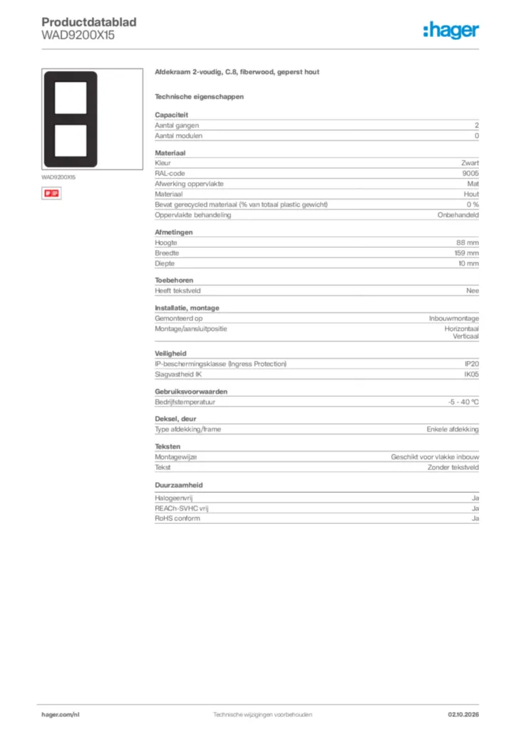 Afbeelding Hager Productdatablad WAD9200X15 | Hager Nederland