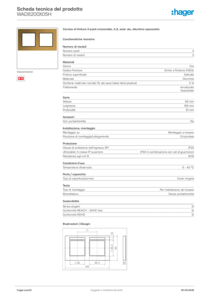 Immagine Hager Scheda tecnica del prodotto WAD8200X05H | Hager Italia