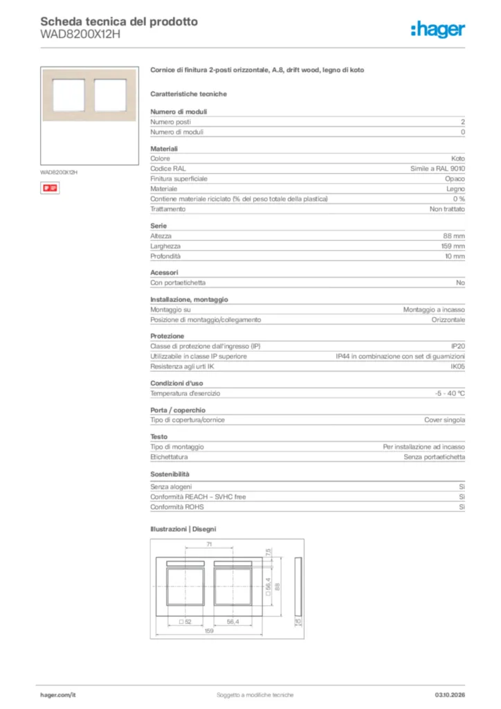 Immagine Hager Scheda tecnica del prodotto WAD8200X12H | Hager Italia