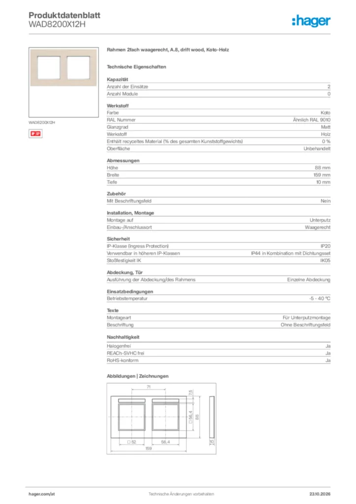 Bild Hager Produktdatenblatt WAD8200X12H | Hager Deutschland