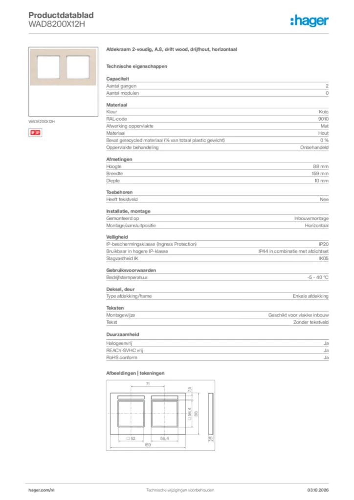 Afbeelding Hager Productdatablad WAD8200X12H | Hager Nederland