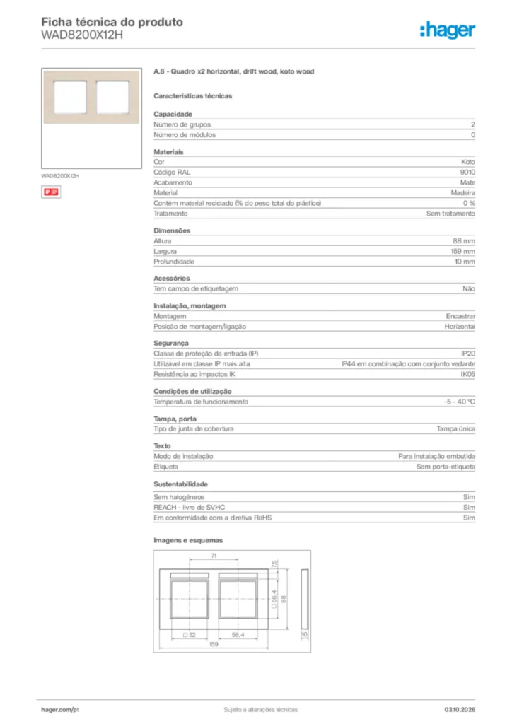 Imagem Hager Ficha técnica do produto WAD8200X12H | Hager Portugal