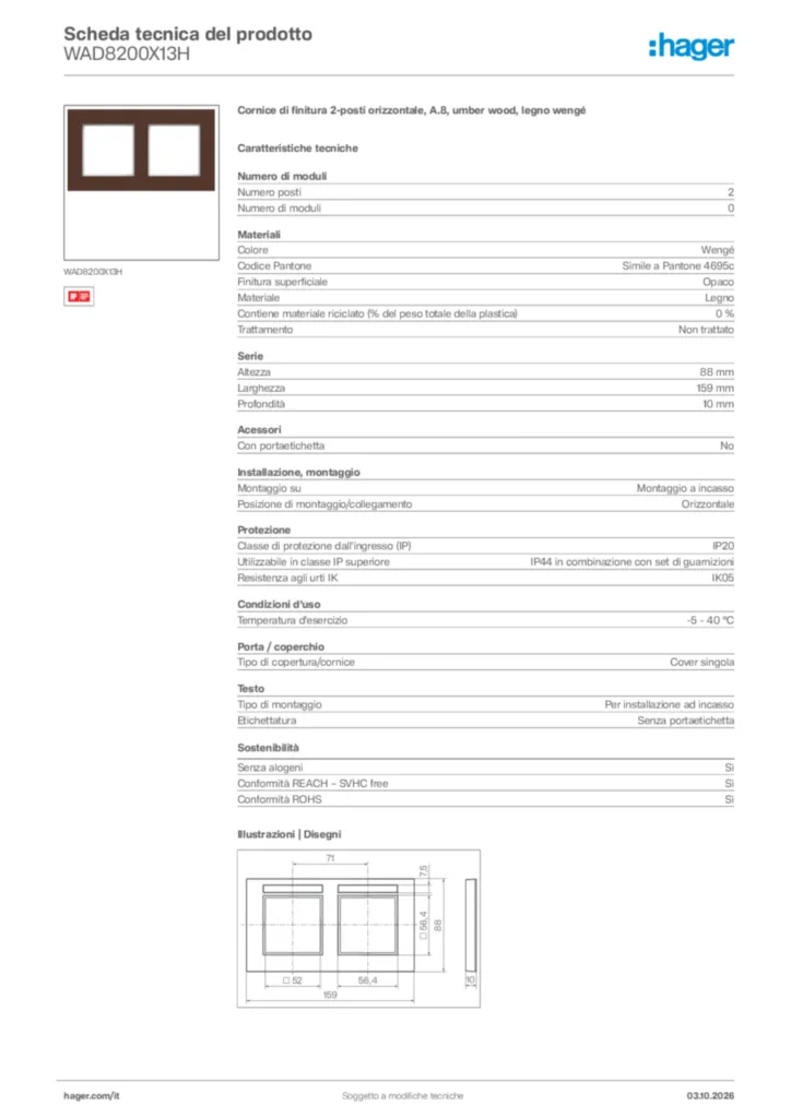 Immagine Hager Scheda tecnica del prodotto WAD8200X13H | Hager Italia