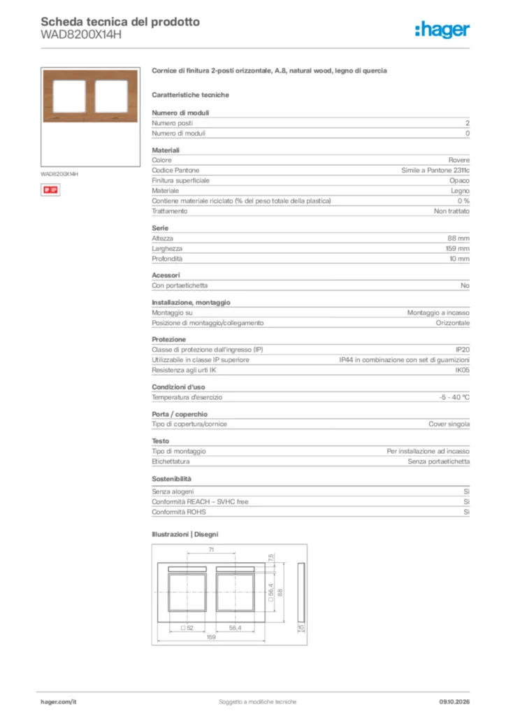 Immagine Hager Scheda tecnica del prodotto WAD8200X14H | Hager Italia