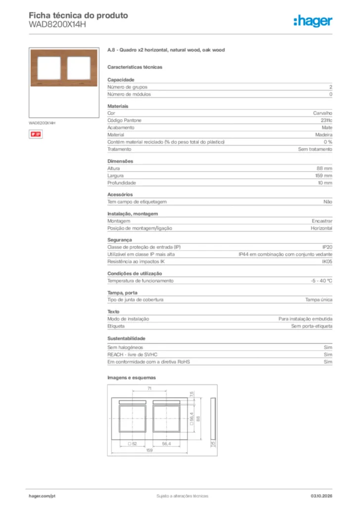 Imagem Hager Ficha técnica do produto WAD8200X14H | Hager Portugal